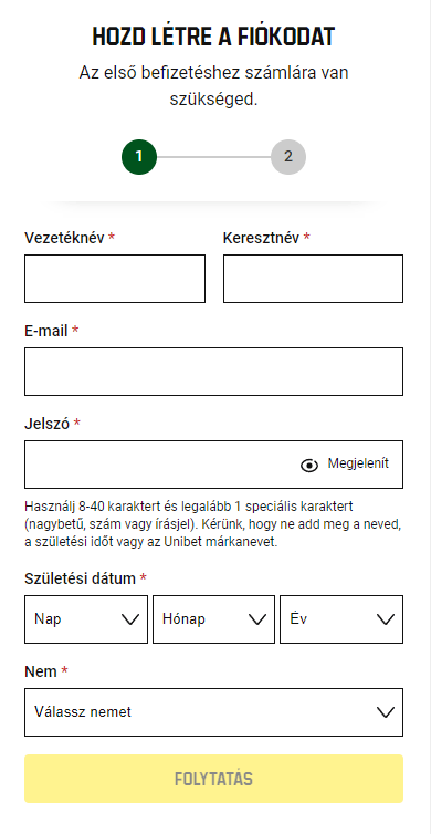 Regisztrációs oldal a Unibet no Deposit Bonus
